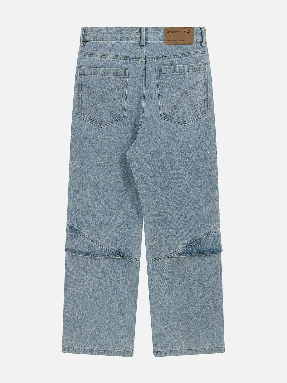 Back view of TALISHKO artistic cut jeans, highlighting unique seam details and casual style.