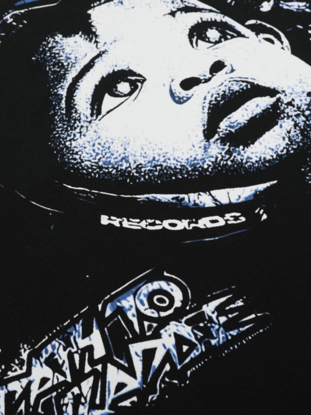 Bold artwork graphic on TALISHKO crew neck T-shirt, focusing on intricate design details.