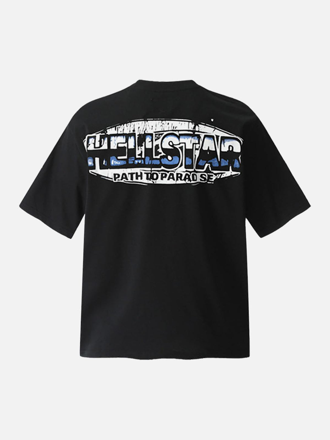 Back view of TALISHKO black graphic T-shirt with bold artwork and "Path to Paradise" text.