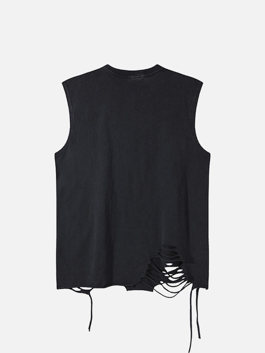Back view of black distressed vest with lace-up detail by TALISHKO, ideal for edgy style.
