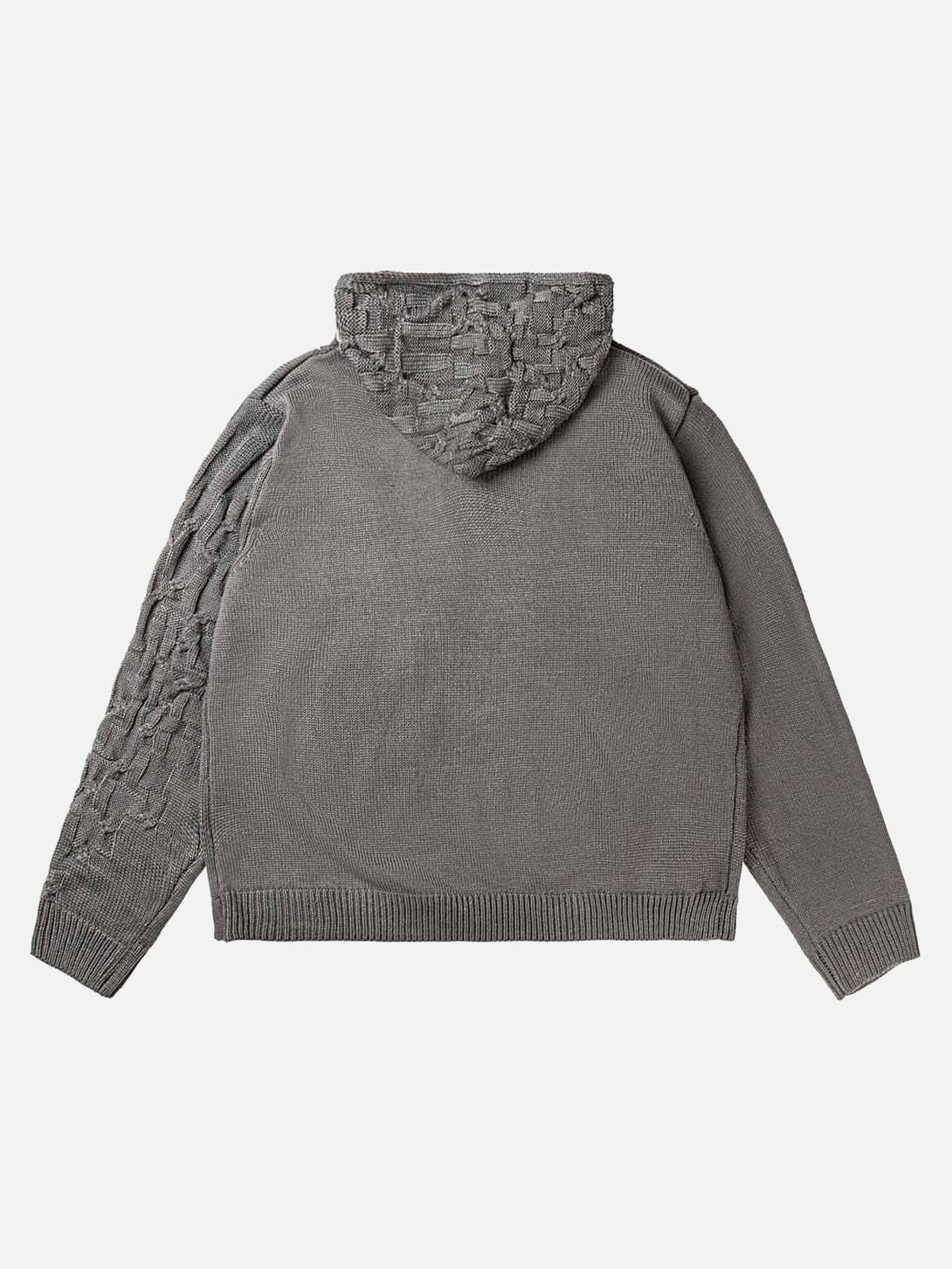 Back view of gray knitted sweater hoodie by TALISHKO, highlighting the unique asymmetric design.