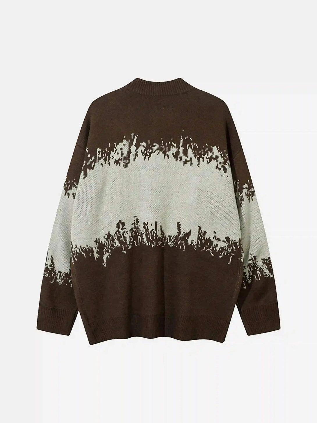 Back view of a brown TALISHKO sweater featuring unique jacquard stitching pattern.