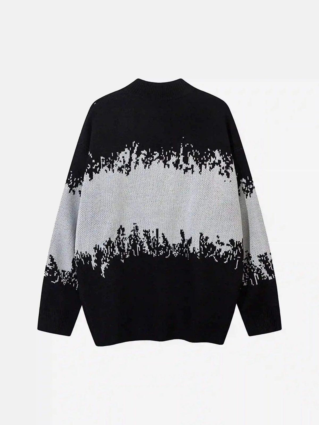 Back view of a black and white TALISHKO sweater with asymmetric jacquard design.