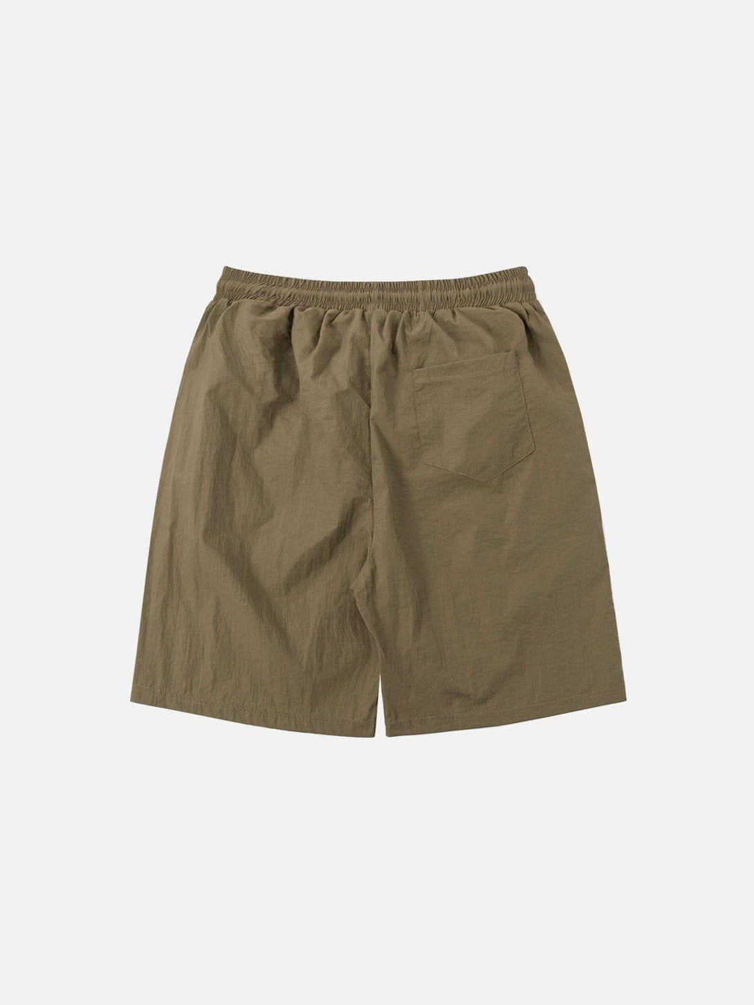 Back view of olive athleisure shorts by TALISHKO, featuring a relaxed fit and single pocket.