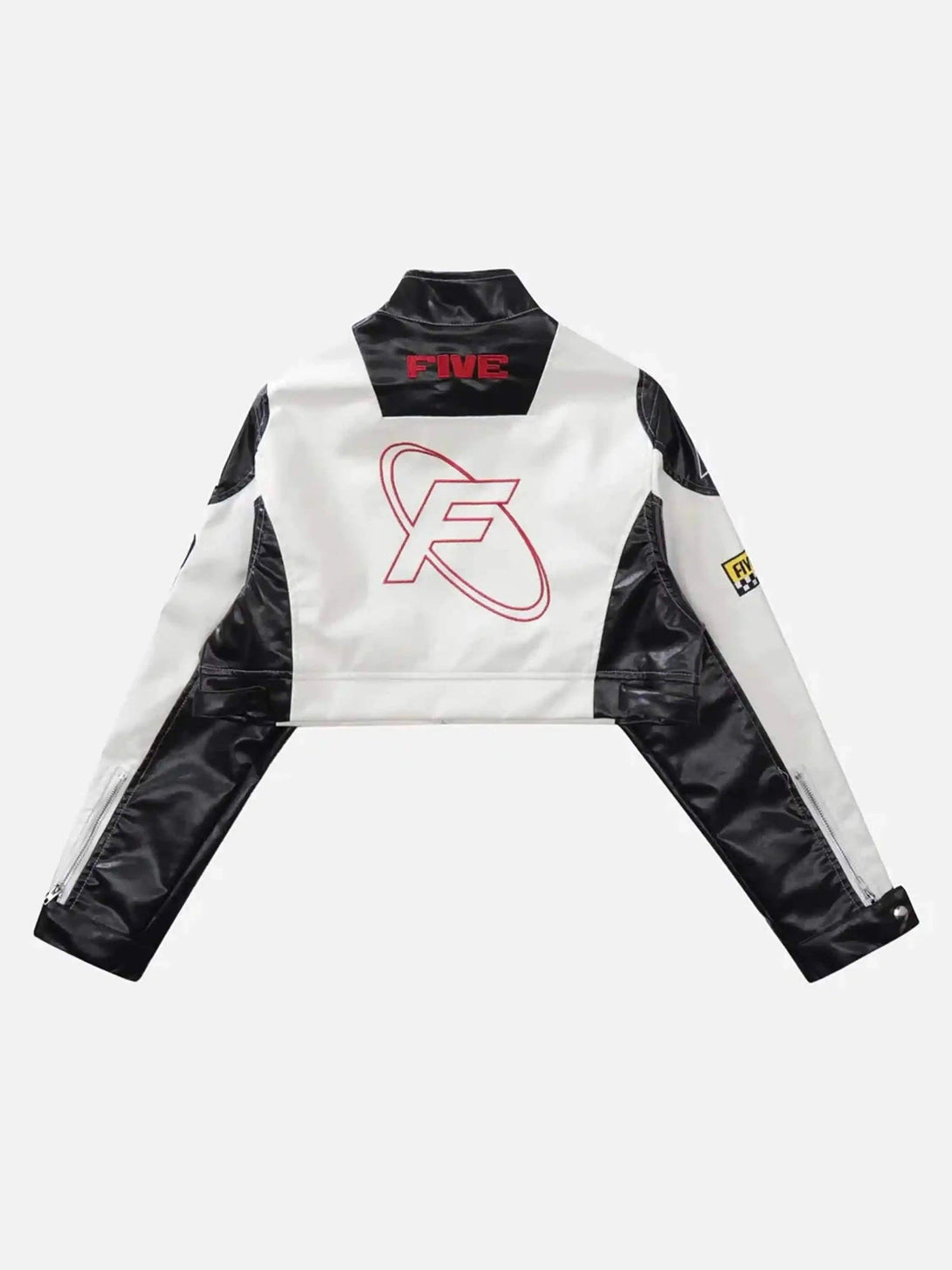Back view of TALISHKO's PU leather racing jacket, showcasing bold logo and sleek design.