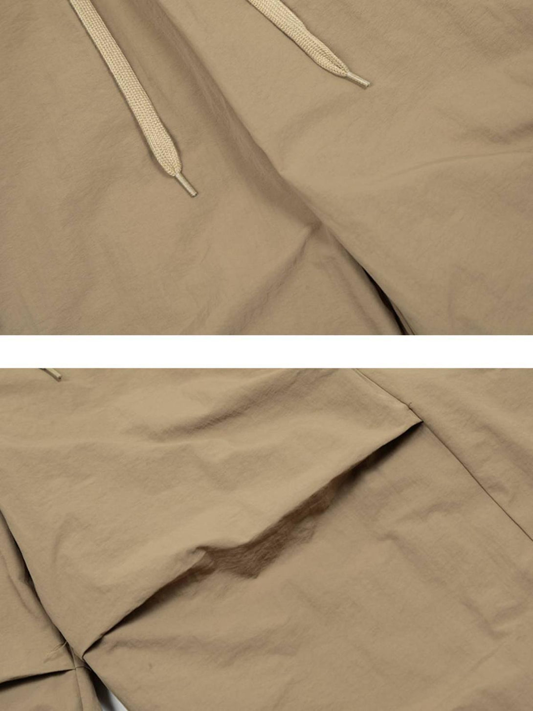 A detailed look at TALISHKO's khaki cargo pants, highlighting drawstrings and pocket design.