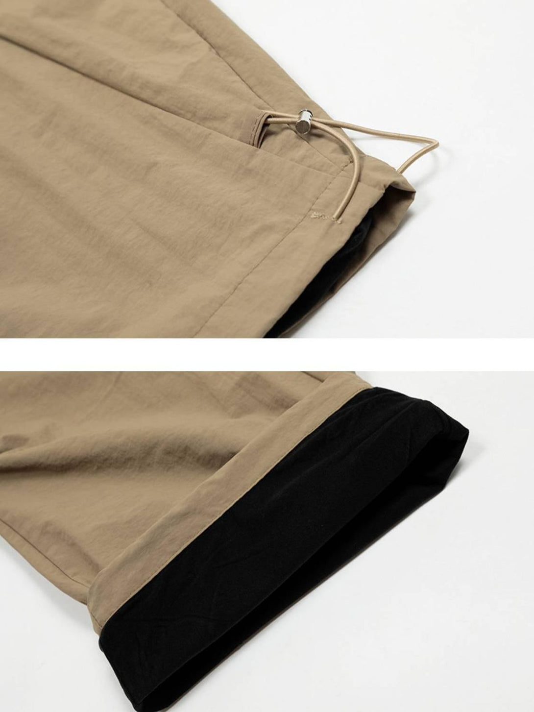 A close-up of TALISHKO's cargo pants, showing khaki fabric with drawstring and cuff detail.