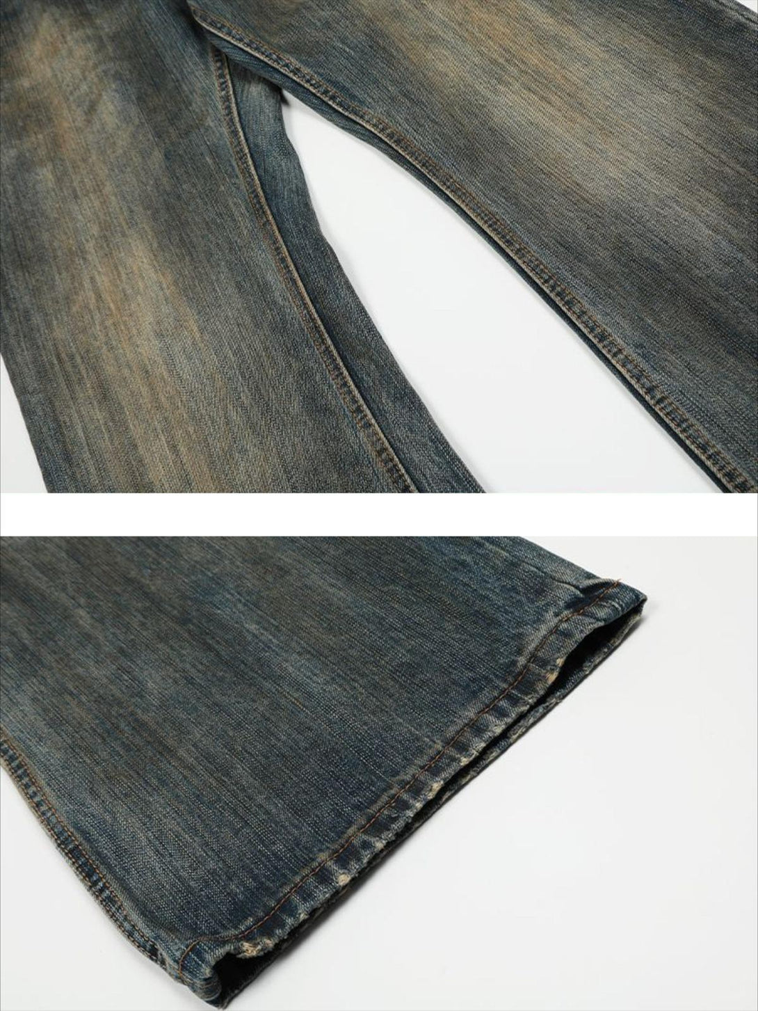 A close-up view of TALISHKO's bamboo-textured flared jeans, highlighting the hem detail.