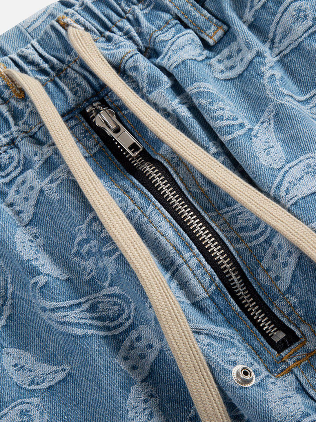 A close-up of TALISHKO's bandana jacquard jorts, highlighting the intricate zipper detail.