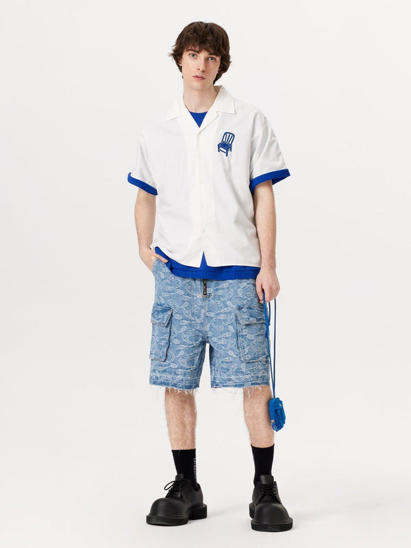 Model wearing TALISHKO's bandana jacquard washed jorts with a relaxed, casual style.