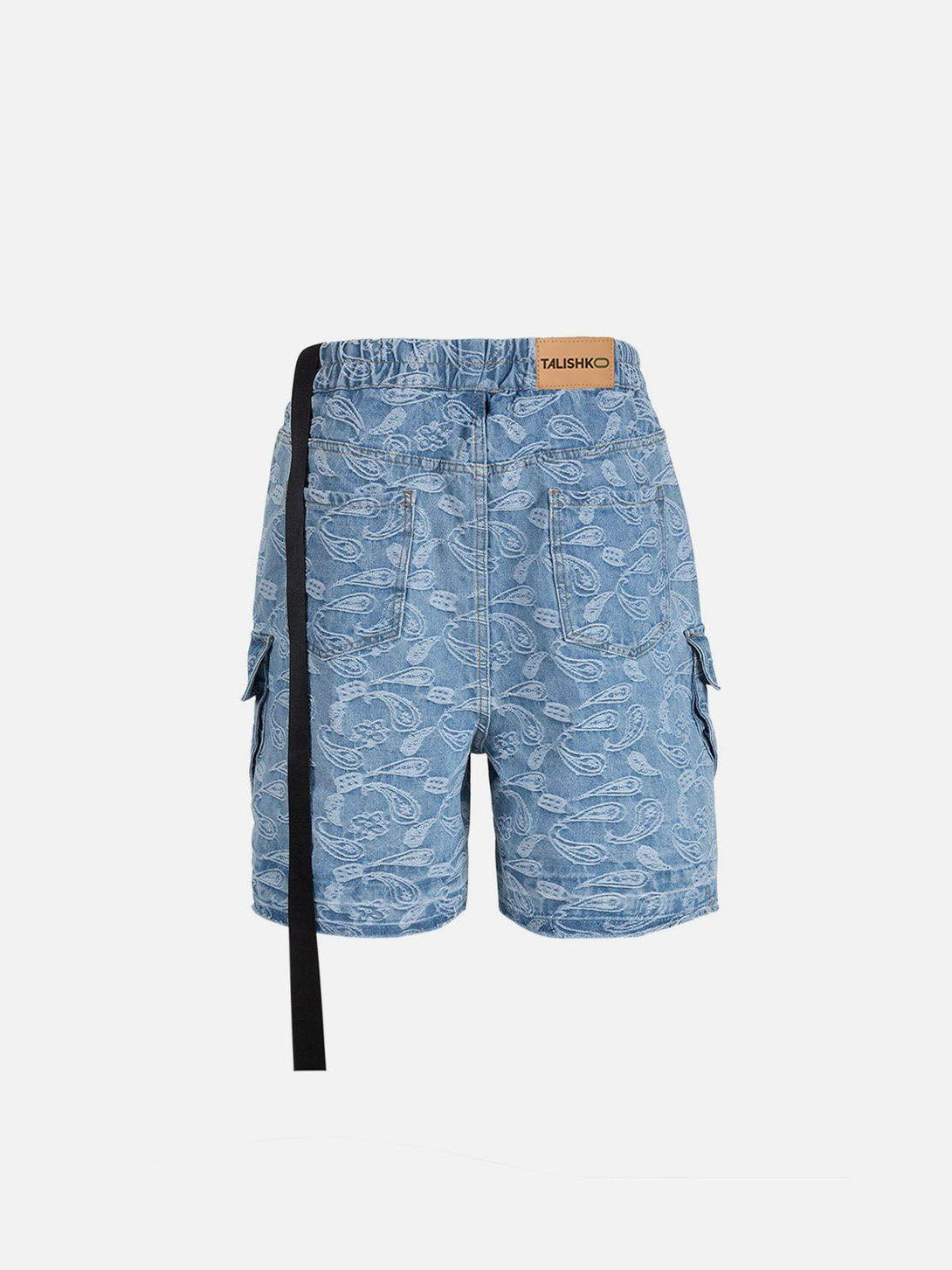 Back view of TALISHKO's bandana jacquard washed jorts, featuring unique pattern and casual fit.