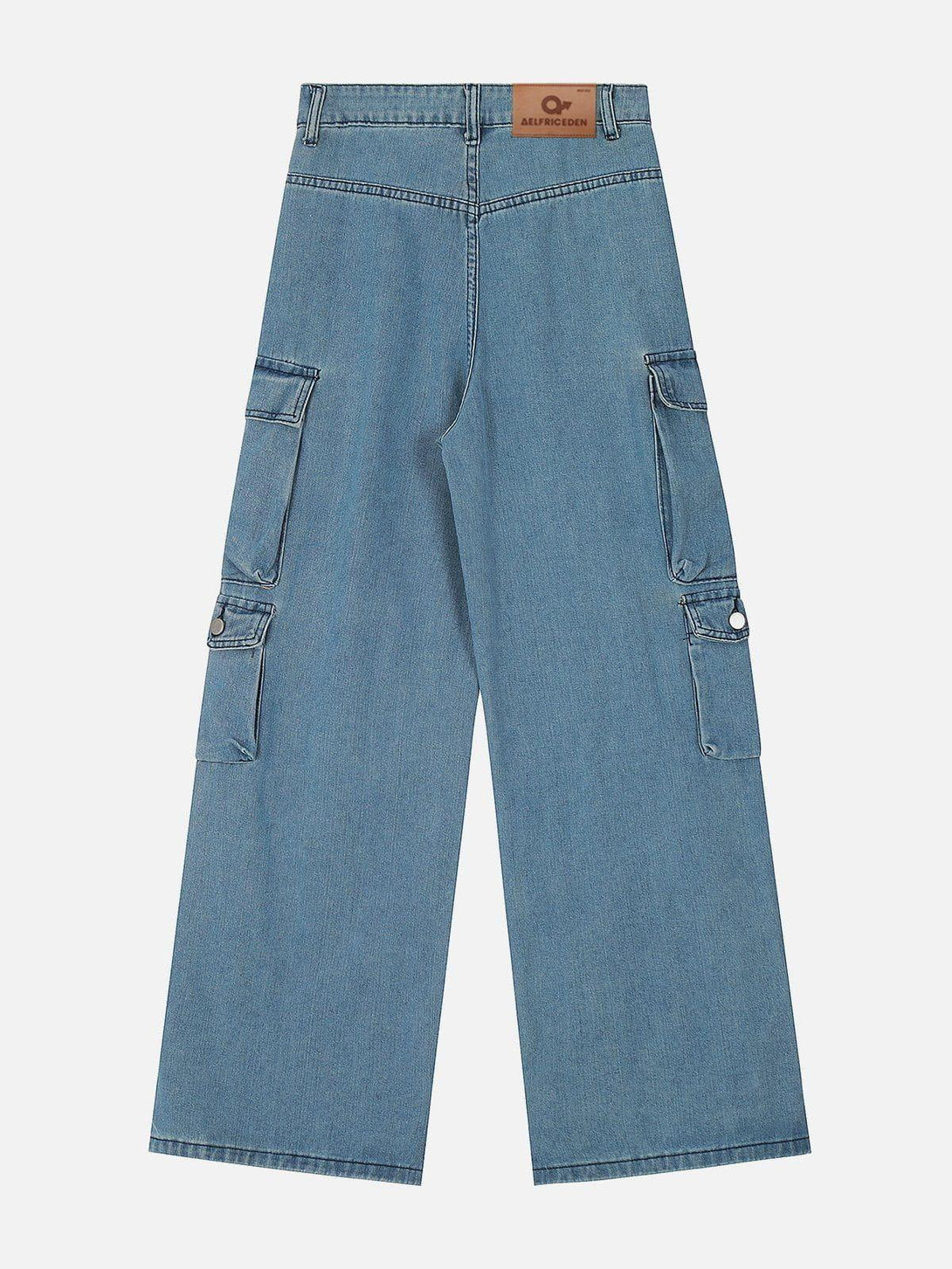 Back view of TALISHKO cargo jeans in blue, showcasing wide-leg design with utility pockets.