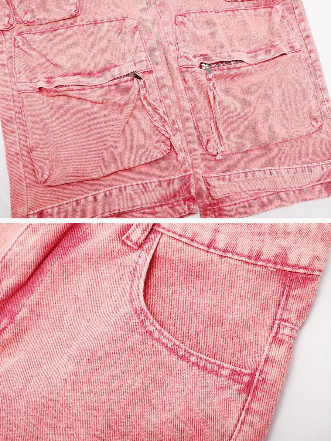 A detailed look at TALISHKO's pink Barbiecore cargo jeans, highlighting the textured fabric.