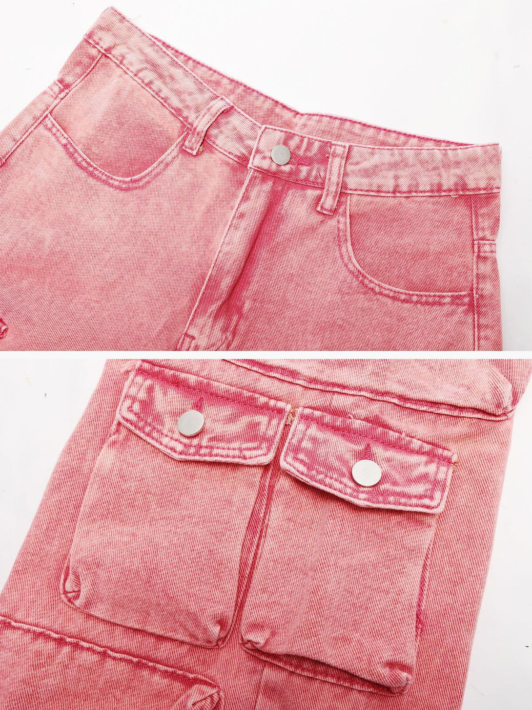 Detailed view of TALISHKO's pink Barbiecore cargo jeans highlighting front and pocket details.