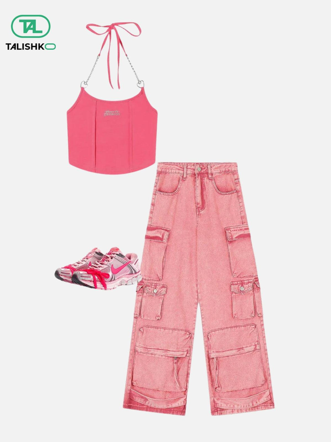 Trendy pink cargo jeans paired with a cropped top and sneakers by TALISHKO for a chic look.