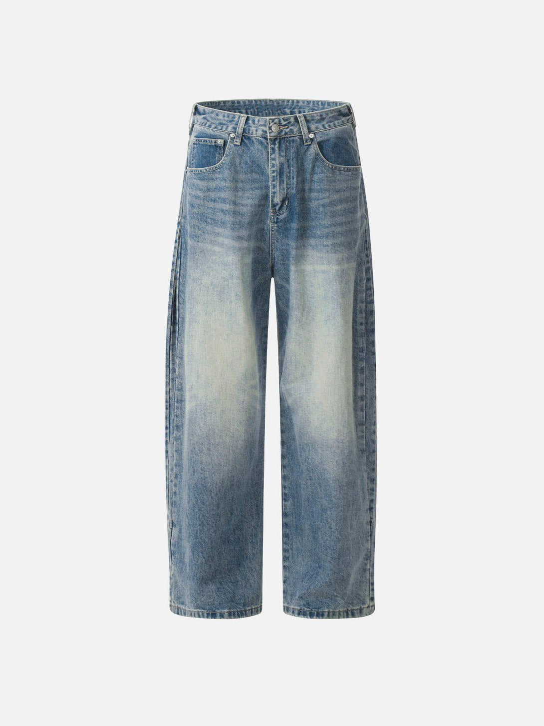 TALISHKO barrel baggy jeans in a front view, showcasing their relaxed, vintage wash style.