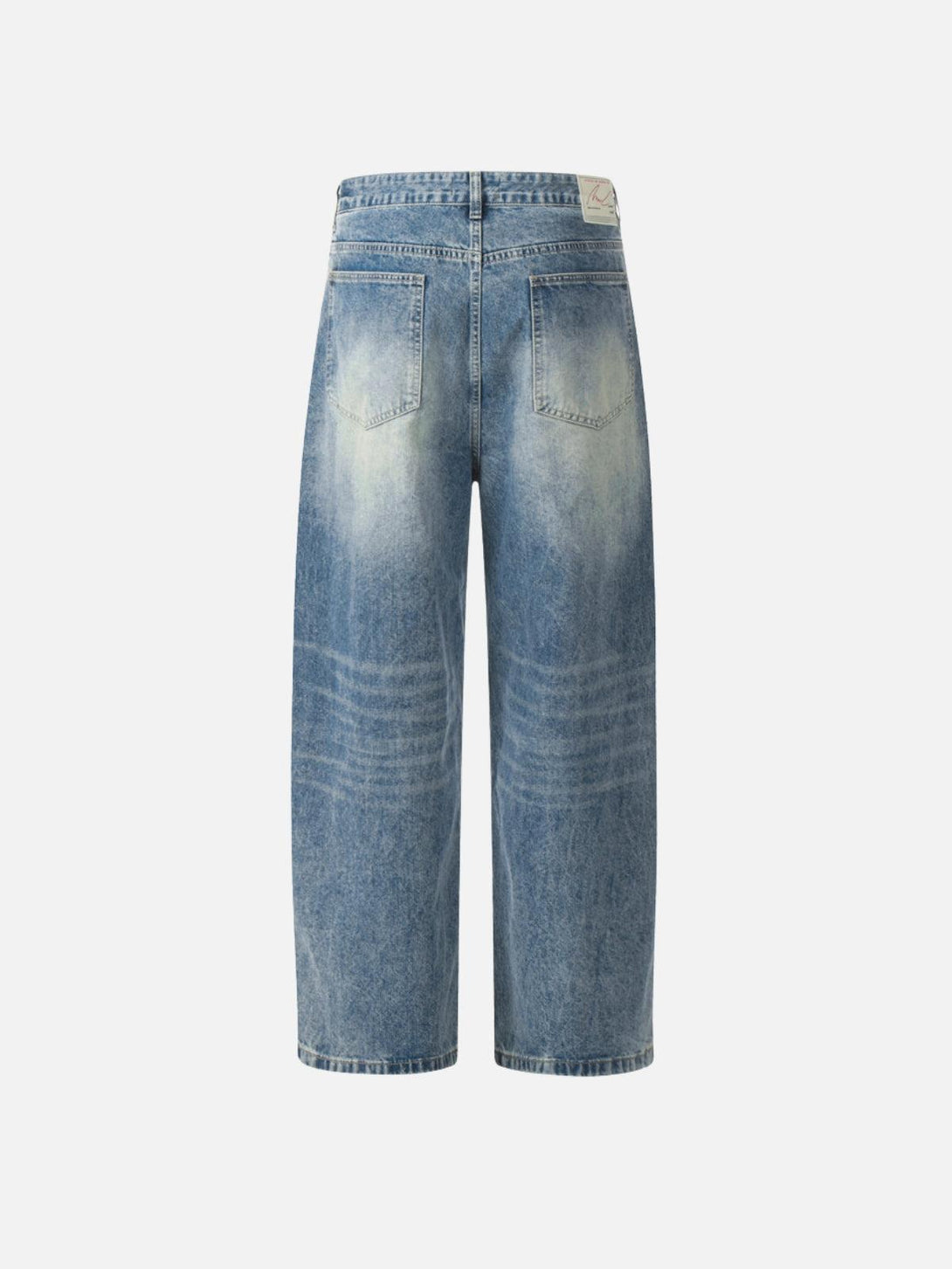 Back view of TALISHKO barrel baggy jeans, showcasing a relaxed fit and faded denim style.