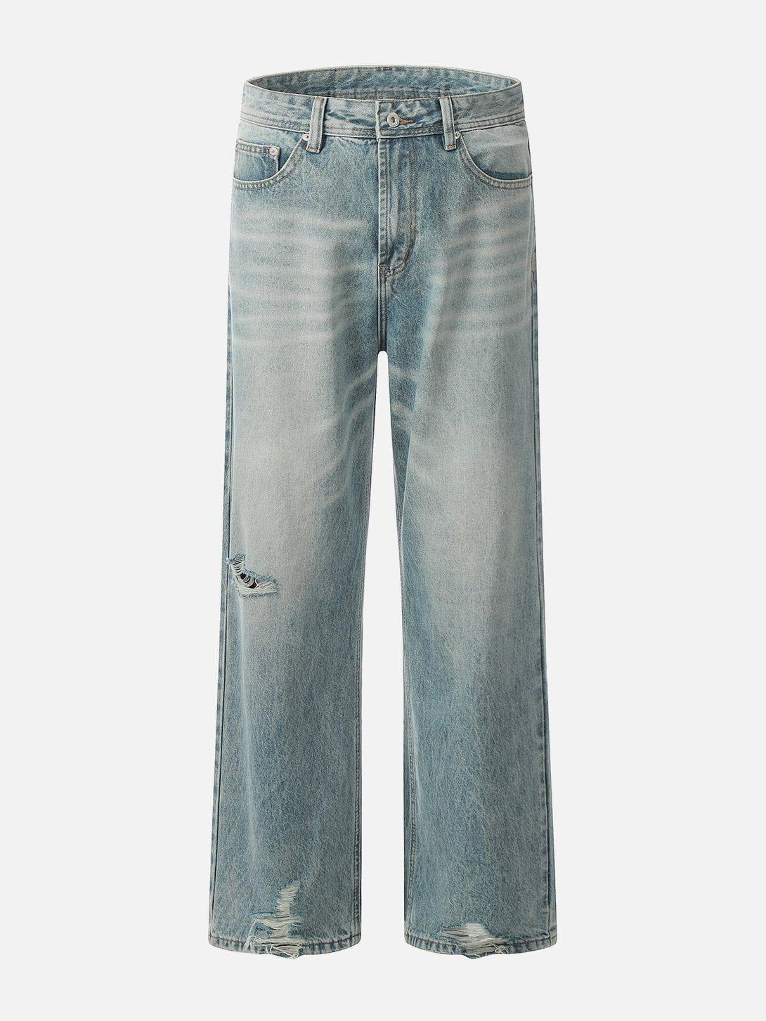 Distressed loose jeans by TALISHKO, featuring a relaxed fit and worn-in details.