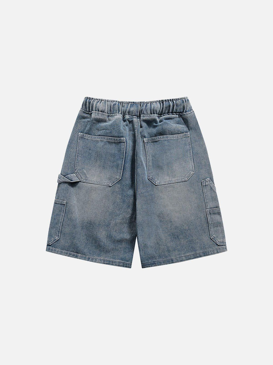 Back view of TALISHKO blue washed jorts with drawstring and pockets, offering relaxed comfort.