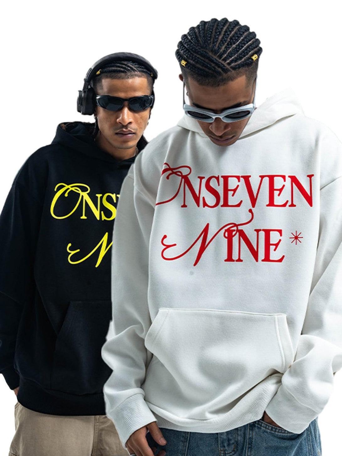Models wearing TALISHKO fleece hoodies, showcasing bold lettering in red and yellow for urban style.
