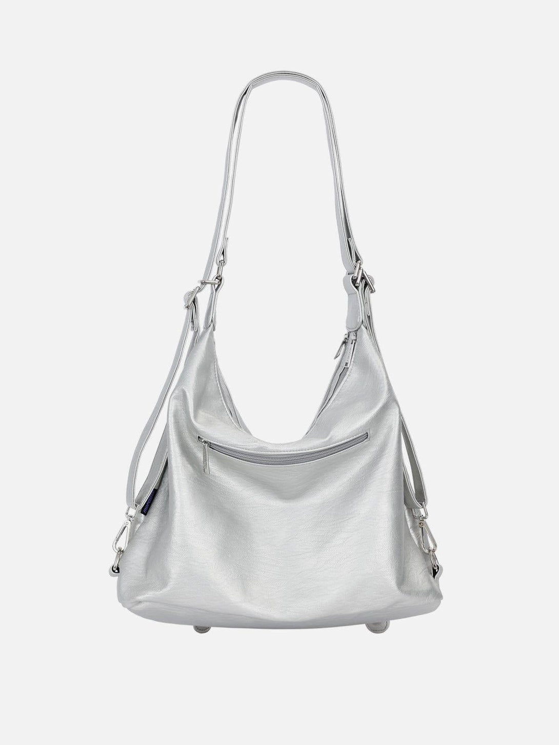 TALISHKO multi-pocket faux leather bag in silver, front view emphasizing sleek design.