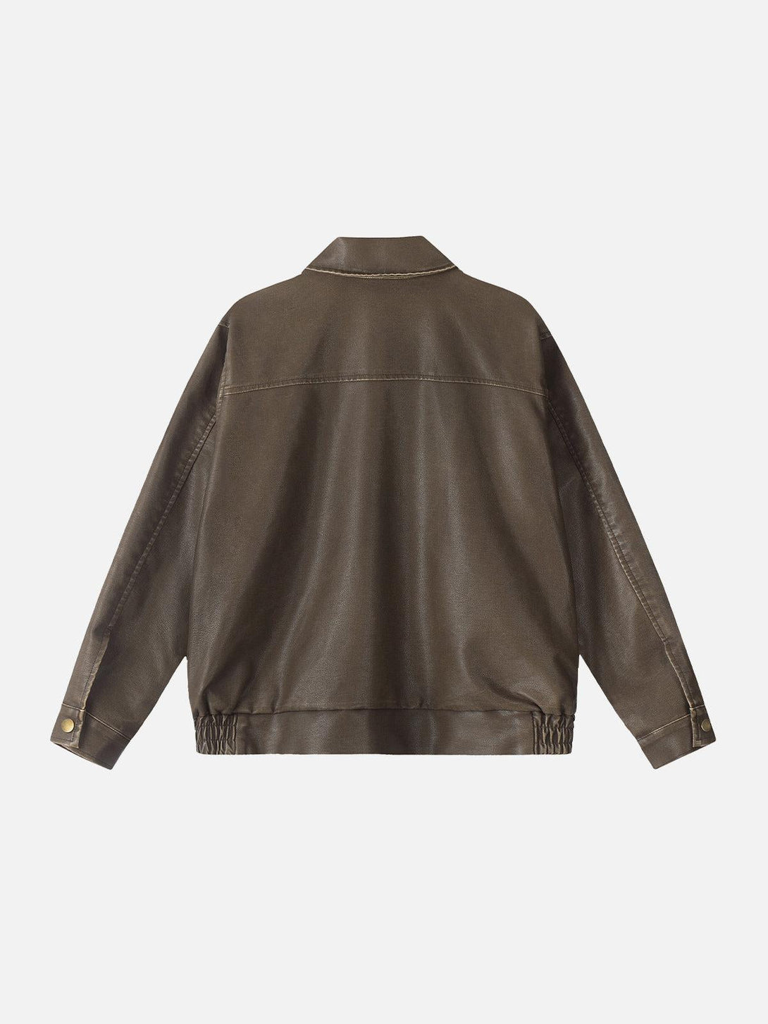 Back view of a brown faux leather jacket by TALISHKO, showcasing a relaxed fit and classic style.
