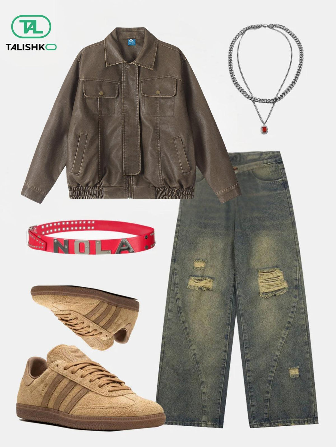 Stylish ensemble featuring a TALISHKO faux leather jacket, distressed jeans, and casual sneakers.