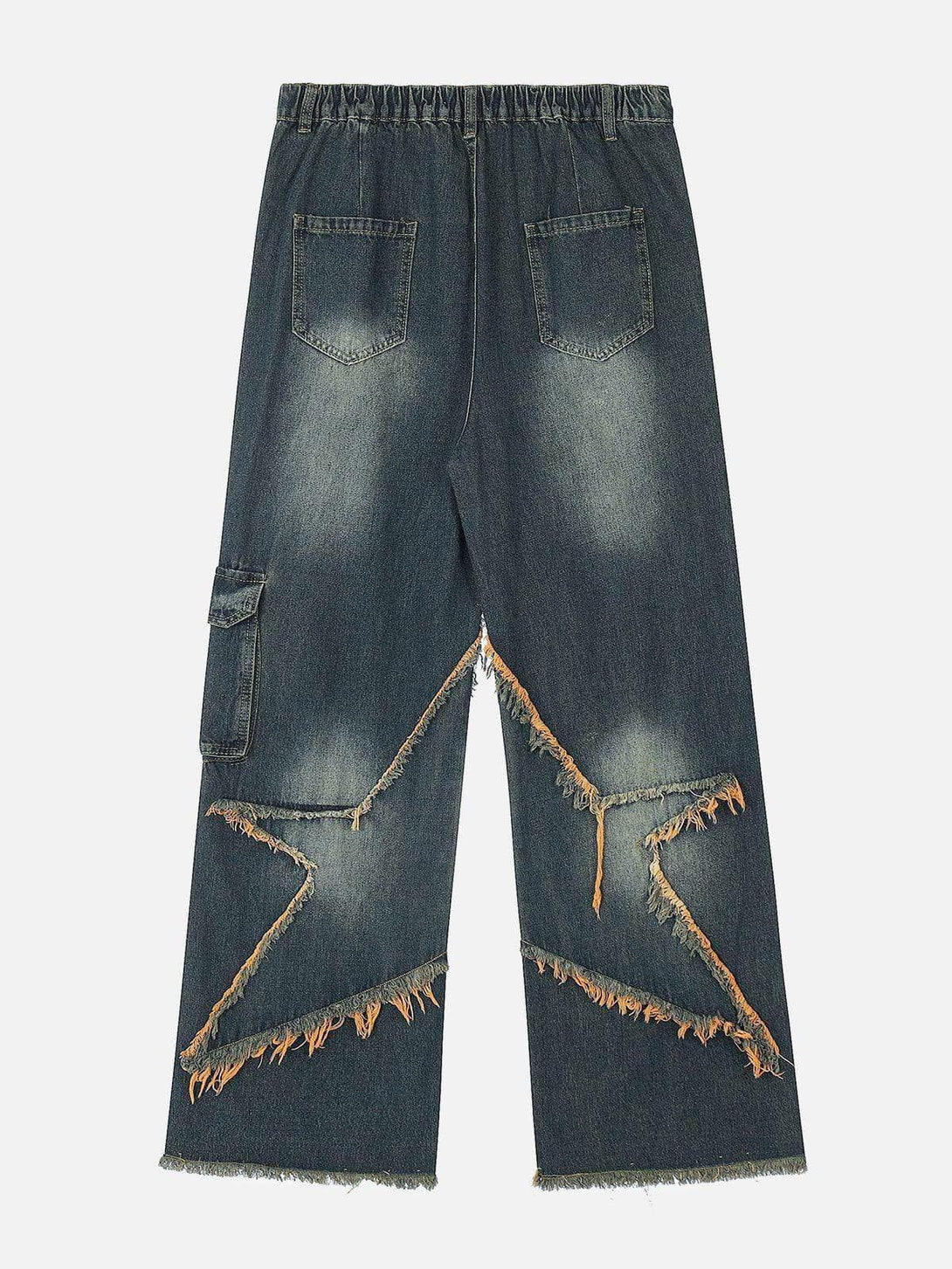 Back view of TALISHKO's star-fringed loose jeans, featuring unique detailing and casual style.