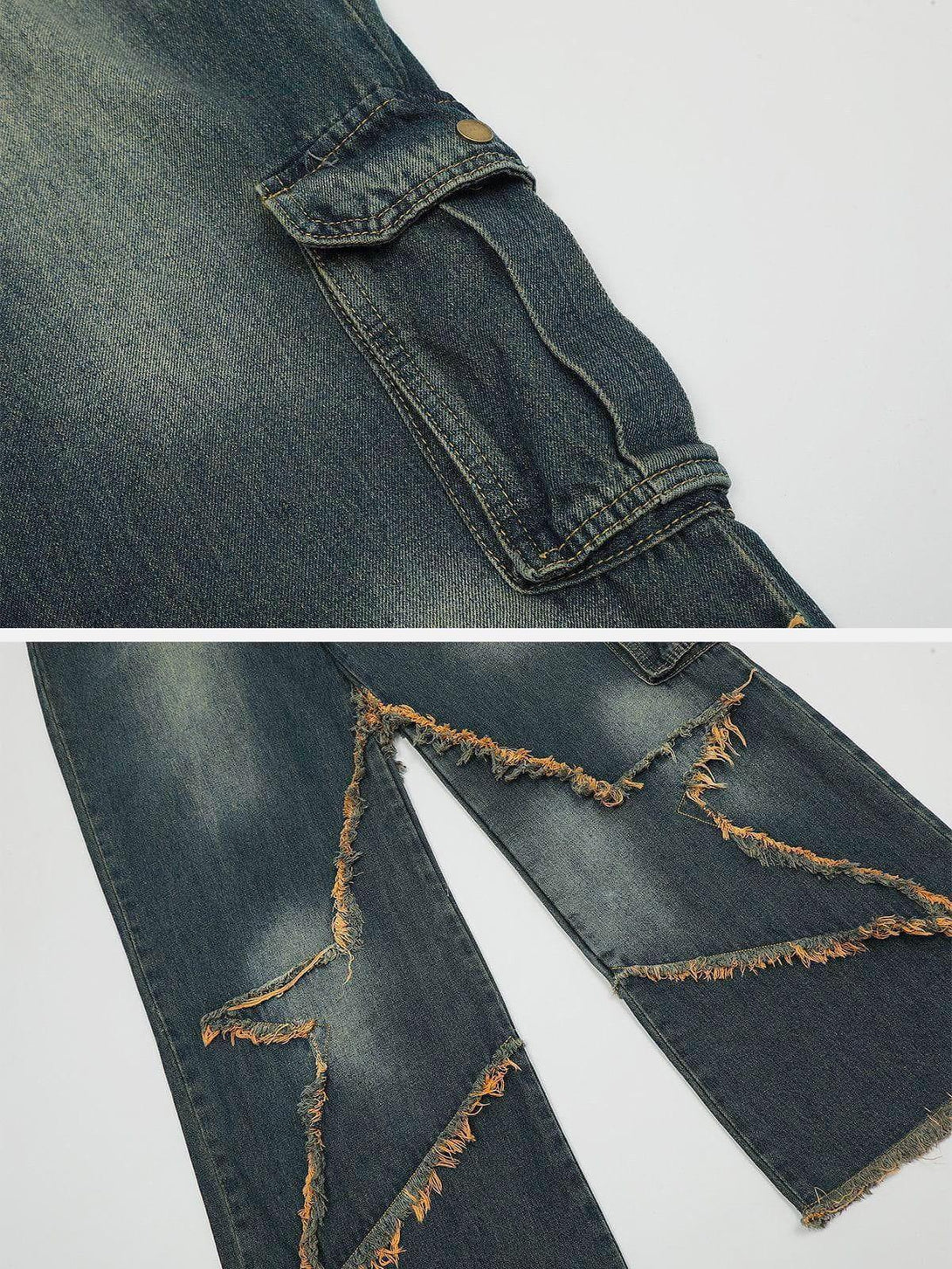 Detailed view of TALISHKO's star fringe loose jeans, highlighting unique texture and design.