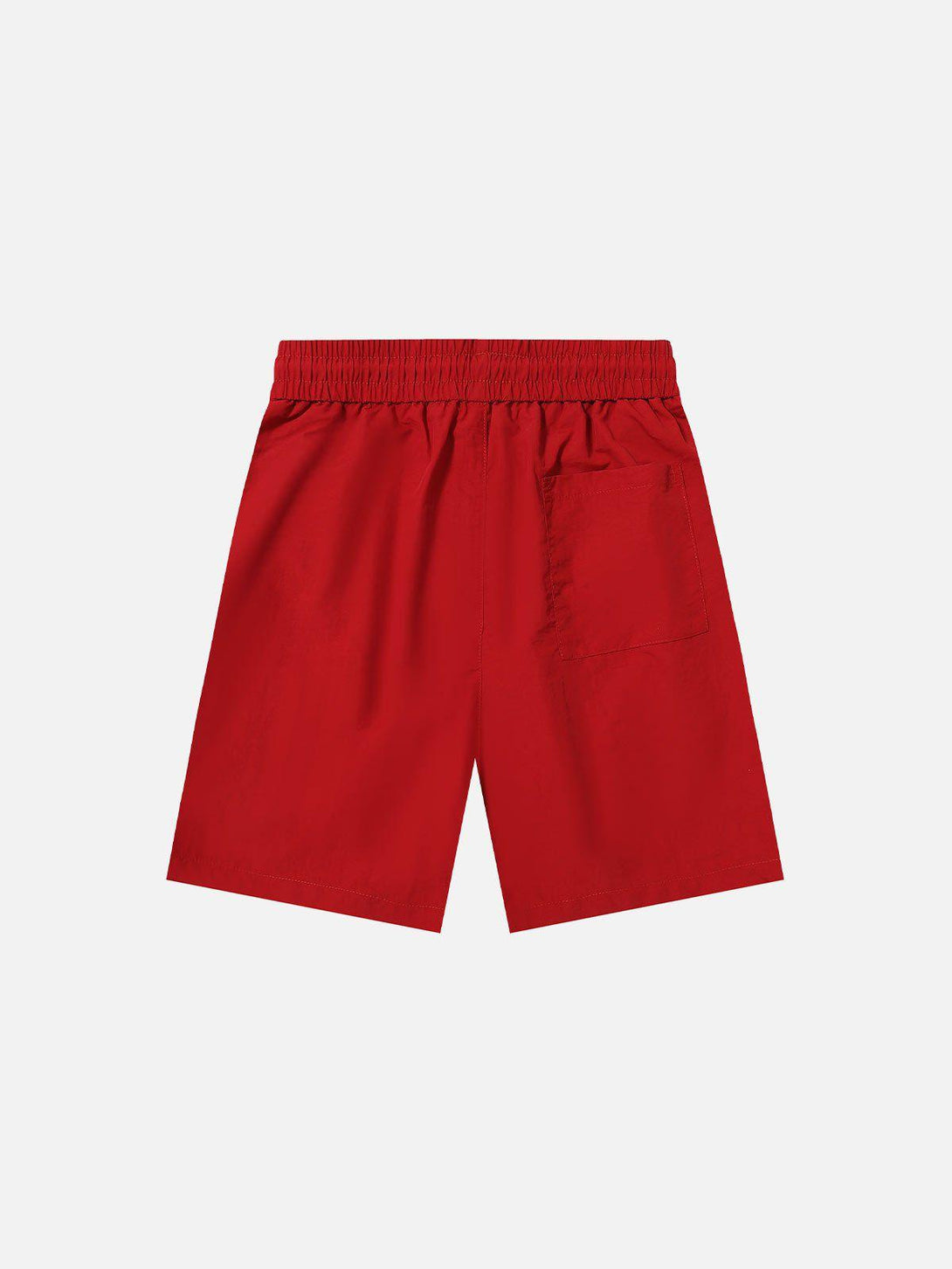 Back view of red TALISHKO stripe shorts featuring an elastic waistband, ideal for casual wear.
