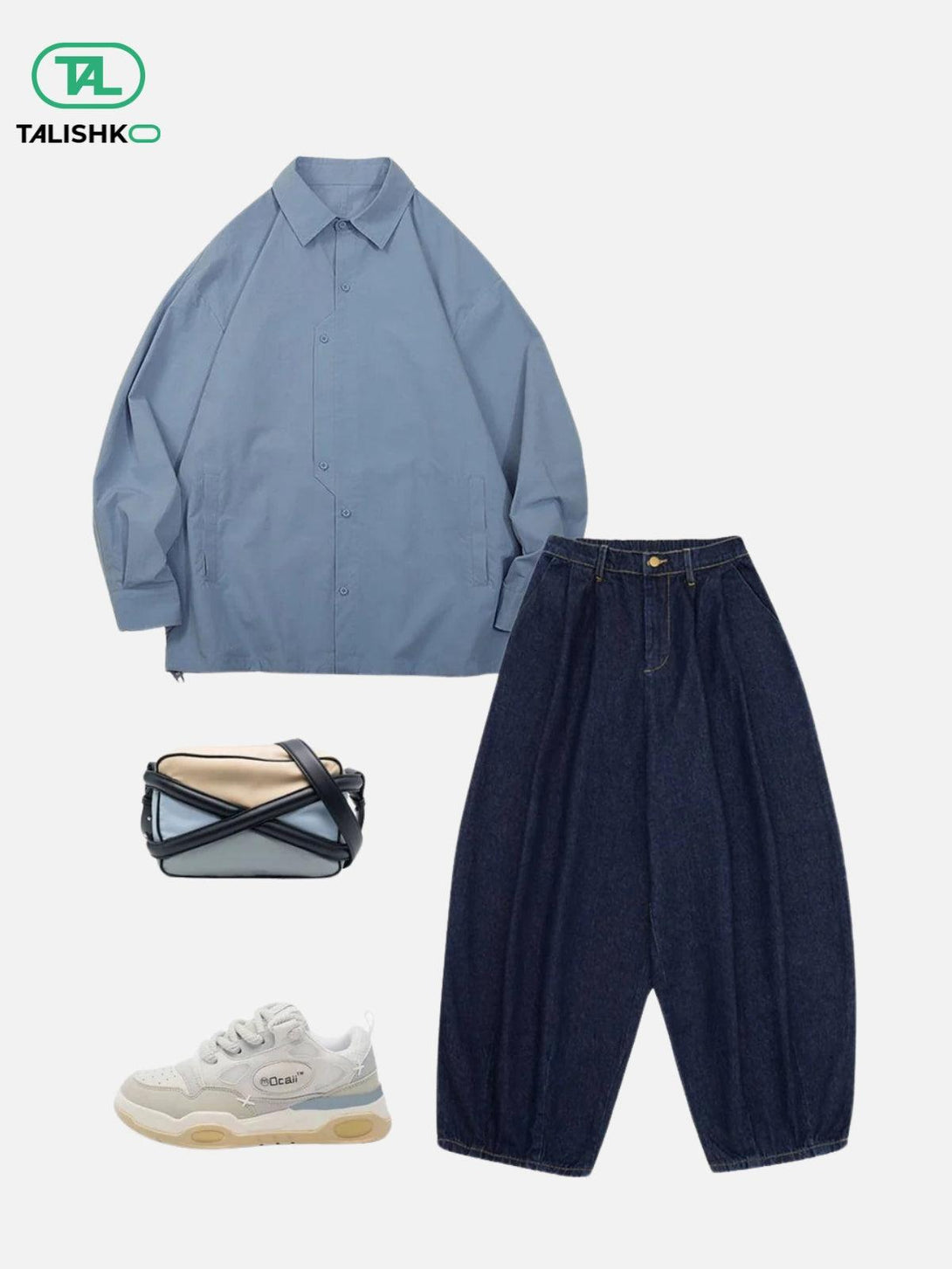 TALISHKO ensemble with blue oversized shirt, baggy jeans, sneakers, and crossbody bag for casual style.