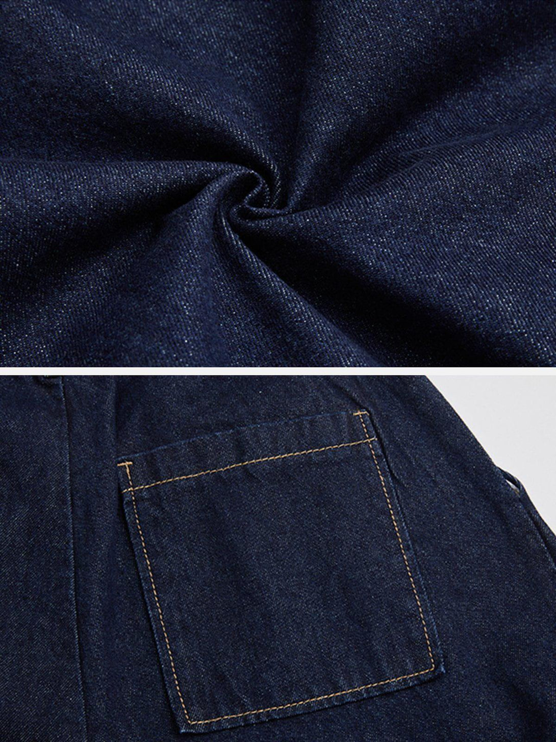 Detailed fabric and stitching of TALISHKO baggy jeans, showcasing dark denim and pocket design.