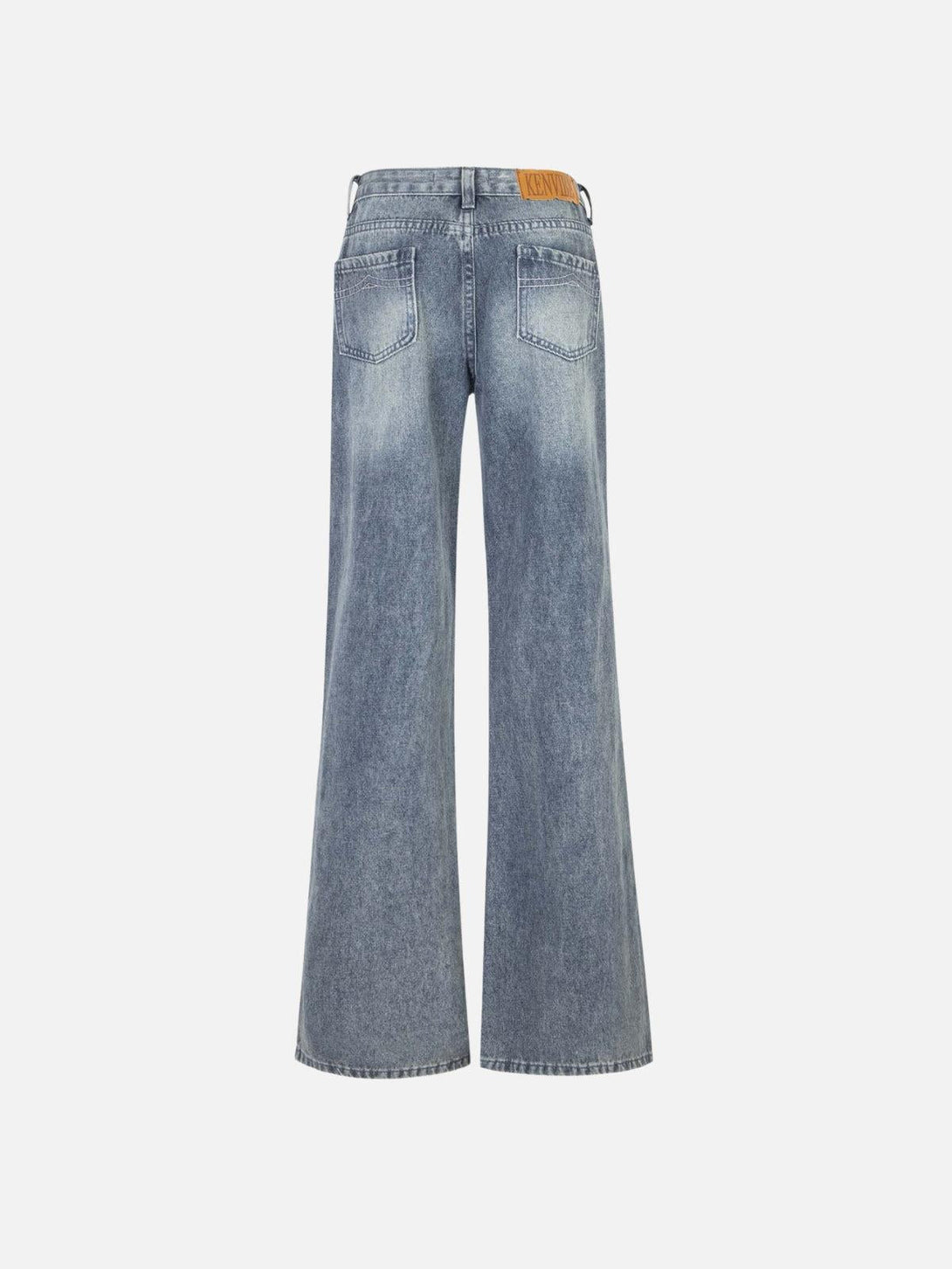 Back view of TALISHKO low-rise jeans in a washed finish, showcasing wide-leg style.