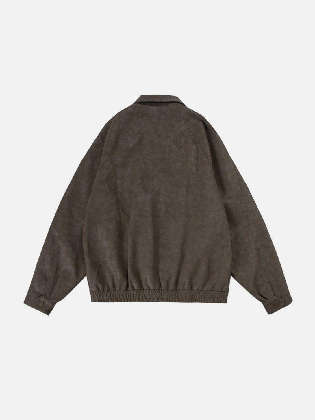 Back view of TALISHKO's chic faux leather jacket, featuring an elastic hem and relaxed fit.