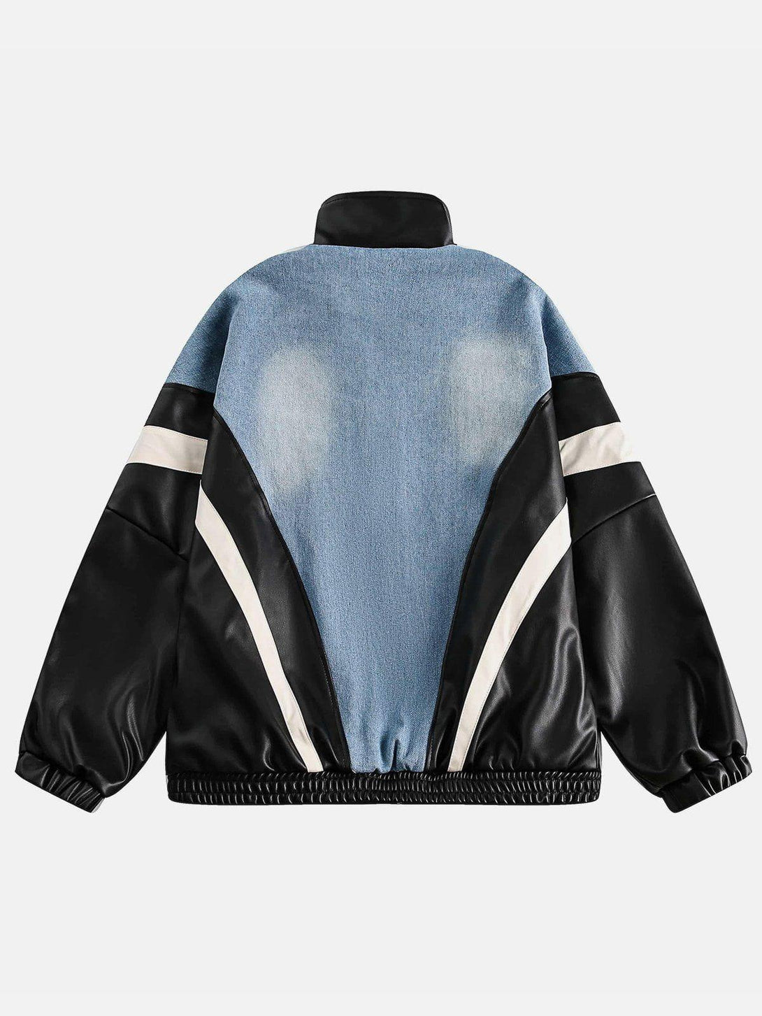 Back view of TALISHKO batwing sleeves jacket, showcasing faux leather with contrasting panels.