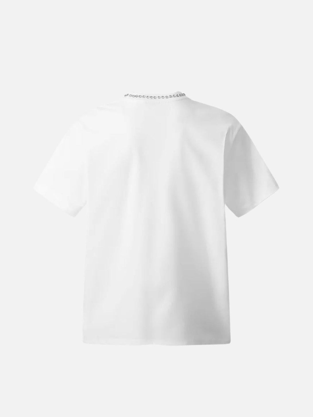 Back view of TALISHKO's white tee showcasing a chic beaded crew neck design.