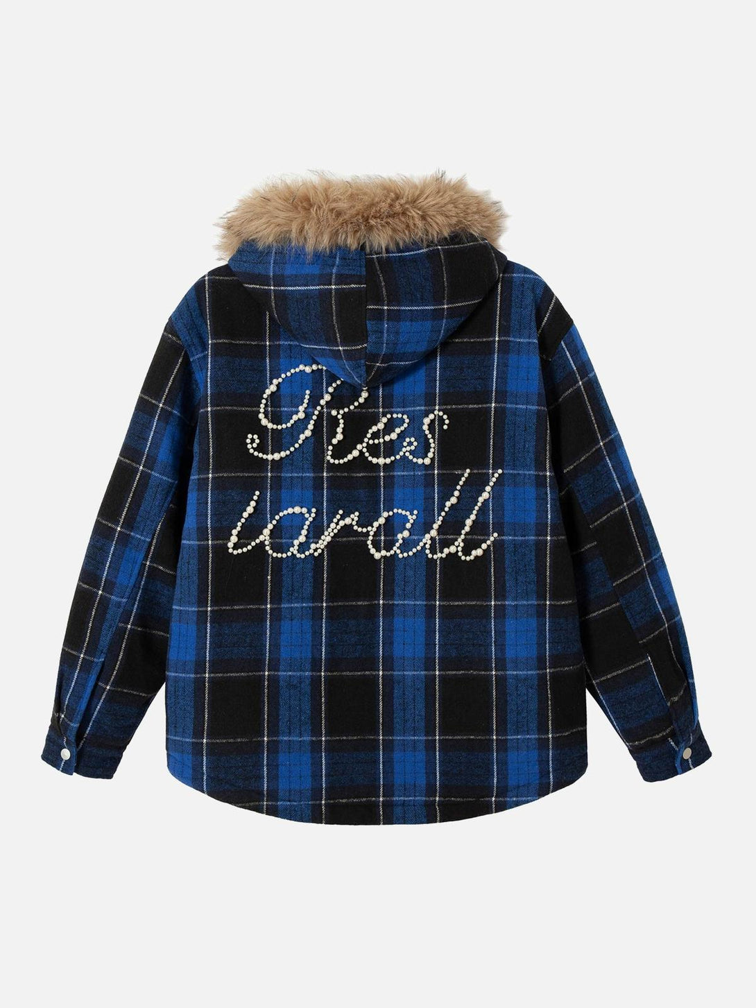Back view of a blue plaid jacket featuring beaded text and fur hood by TALISHKO.
