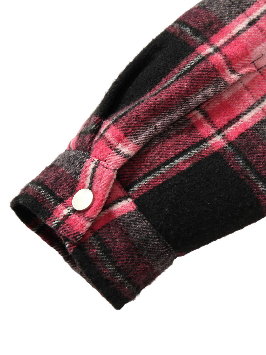 Detailed view of pink plaid jacket sleeve with button closure by TALISHKO.