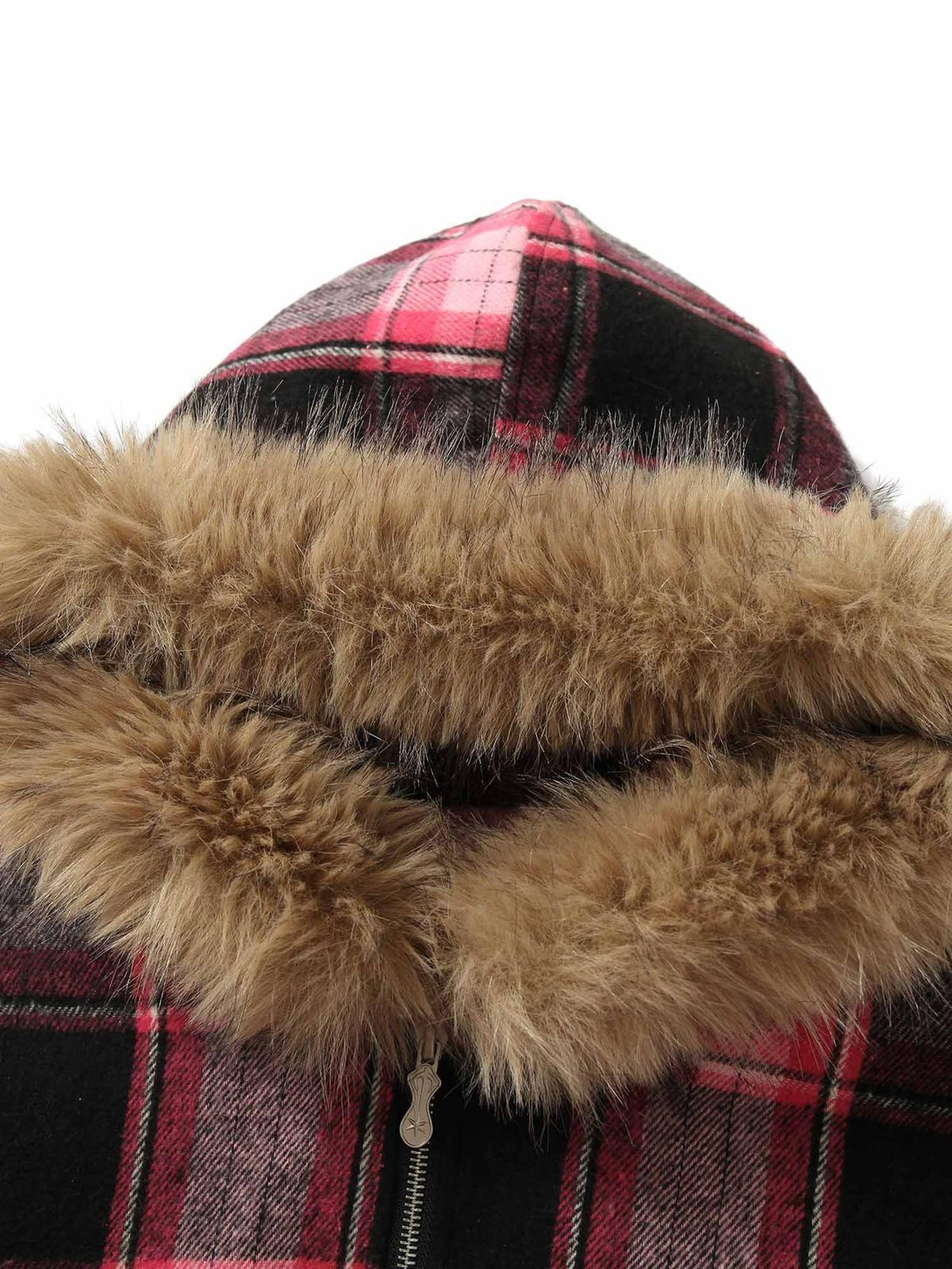 Plaid jacket close-up showing a fur-lined hood and zipper detail by TALISHKO.