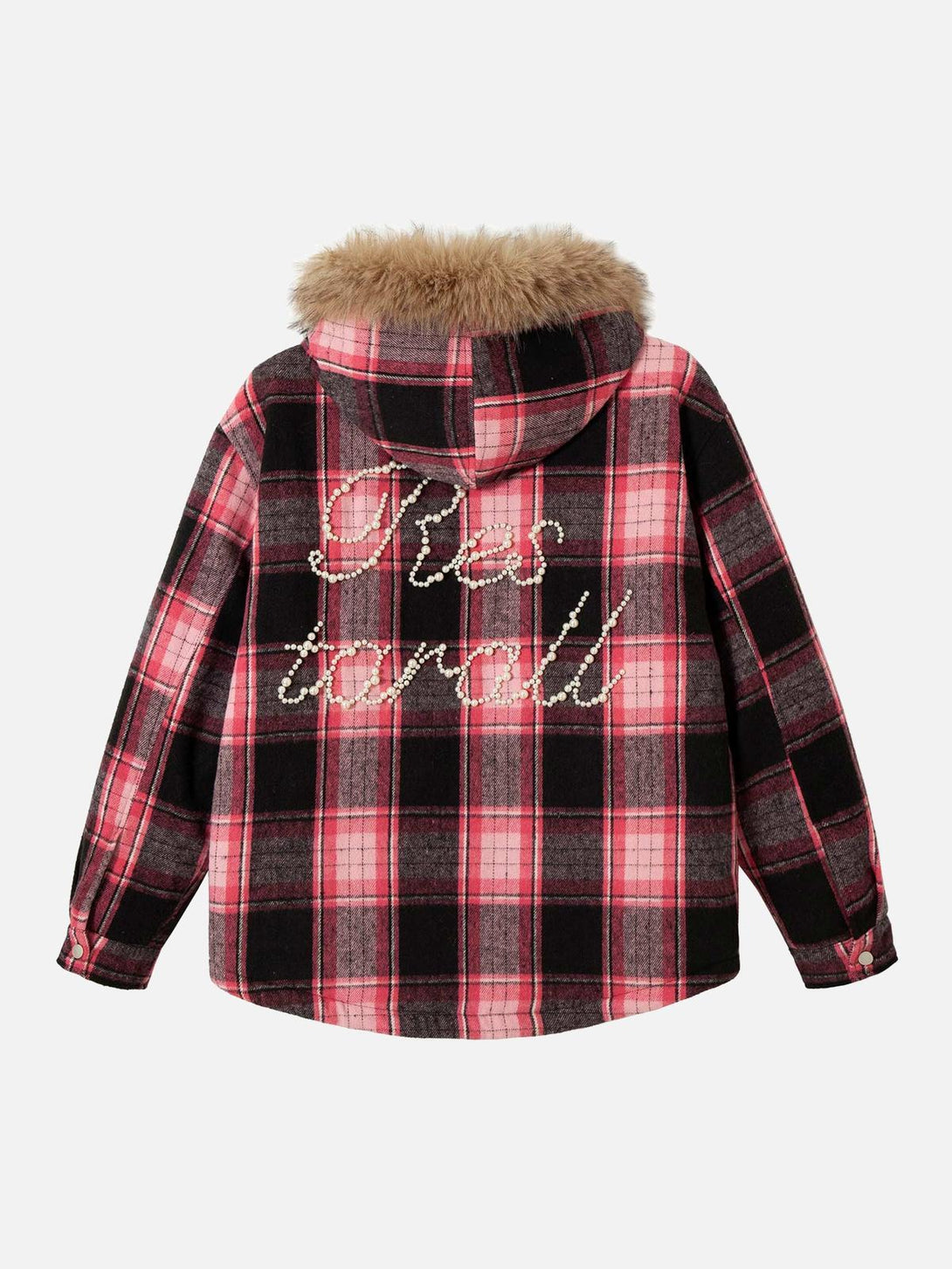 Back view of a pink plaid jacket with beaded text and fur hood by TALISHKO.