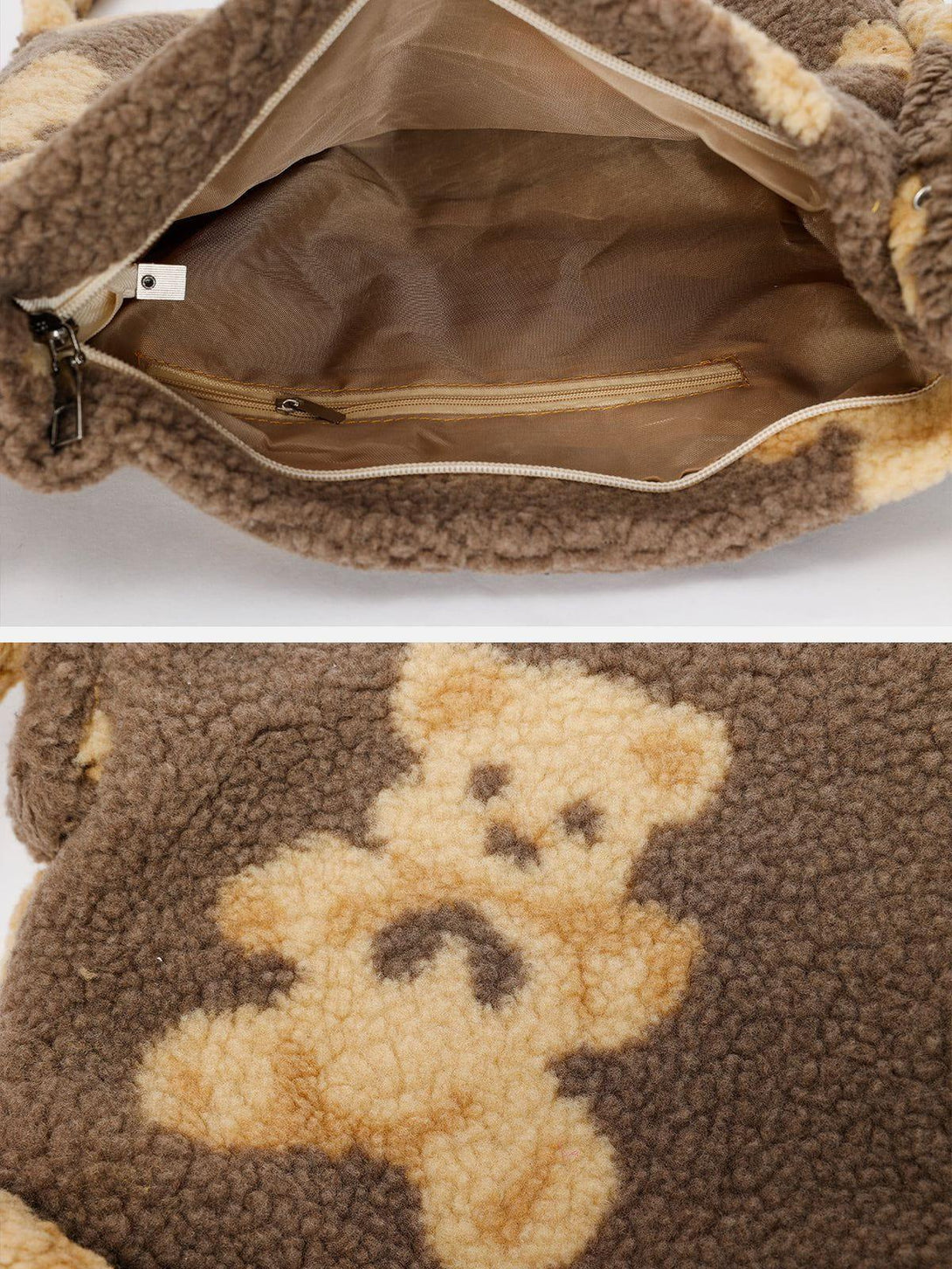 A detailed view of the TALISHKO bear print sherpa bag, highlighting its cozy interior and playful design.