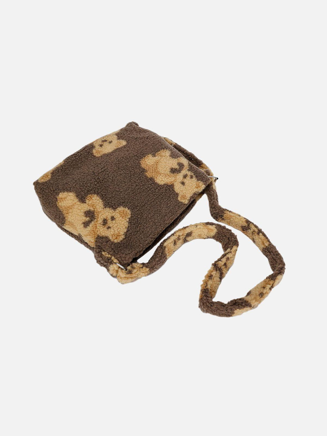 TALISHKO shoulder bag with bear print design, featuring soft sherpa fabric and playful style.