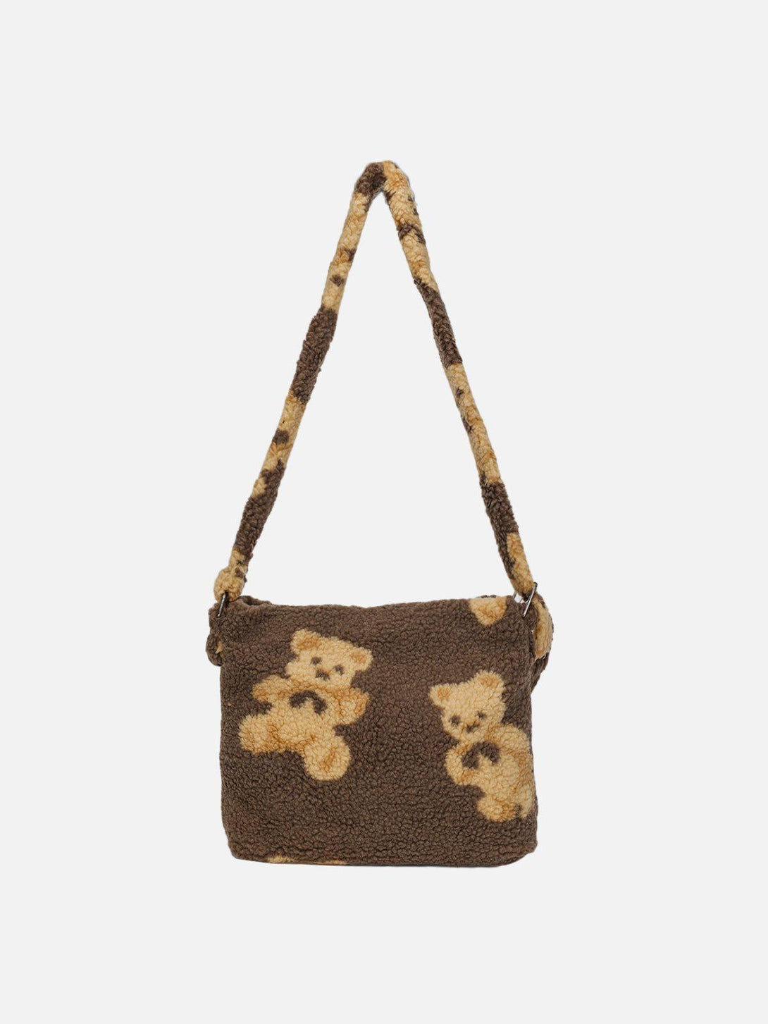A fun and cozy bear print sherpa shoulder bag by TALISHKO, showcasing its charming design.
