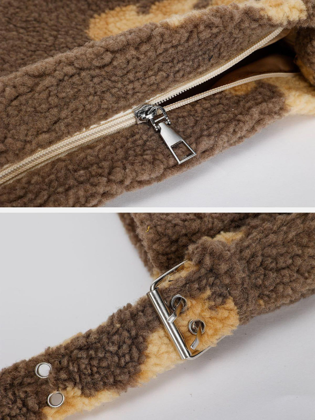 Zoomed-in texture of TALISHKO sherpa shoulder bag, showcasing zipper and buckle details.