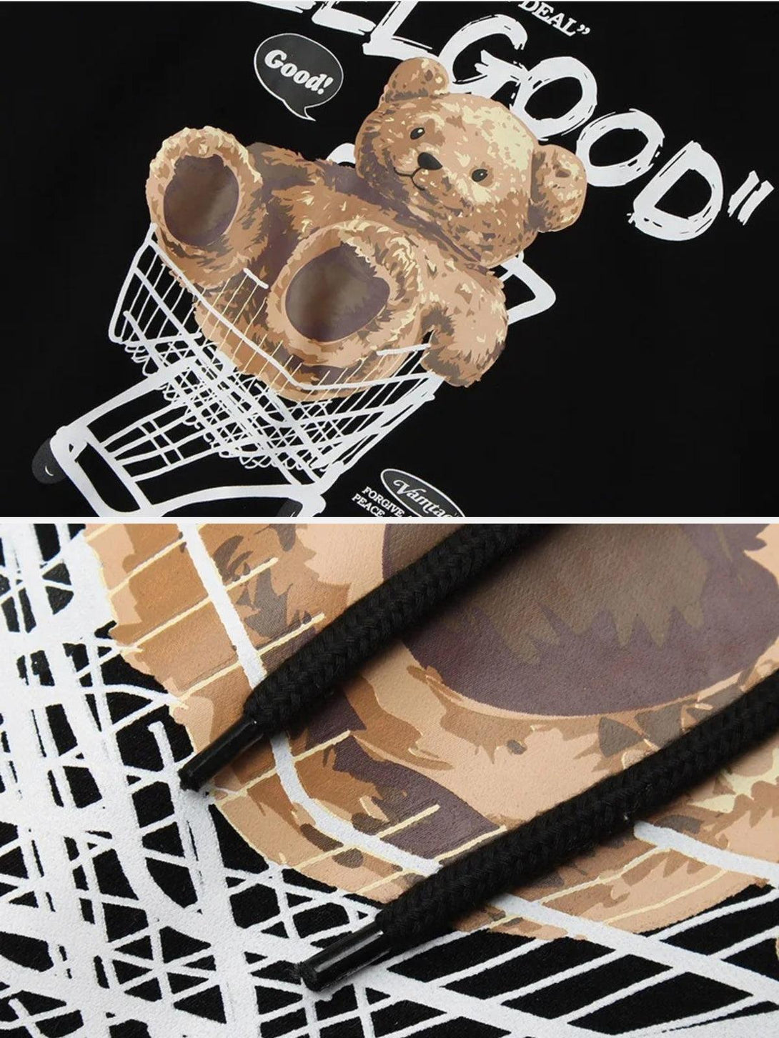 A detailed view of TALISHKO hoodie featuring a bear in a shopping cart print, highlighting unique design elements.