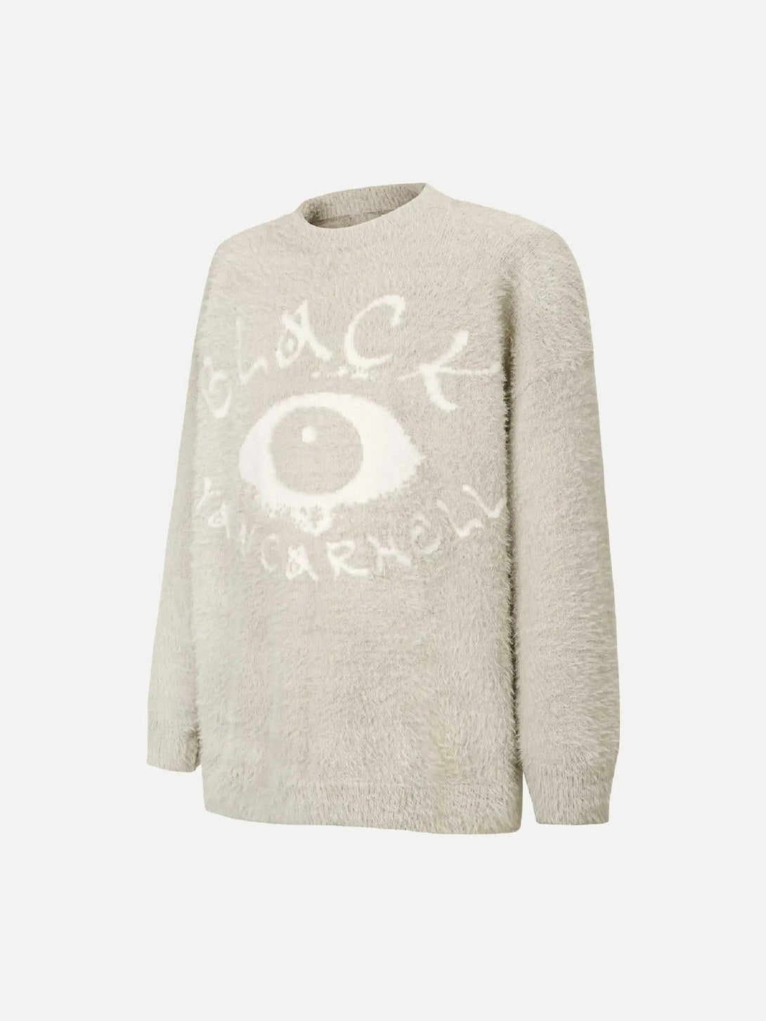 Side view of a cozy sweater by TALISHKO with a unique eye pattern, adding artistic flair.