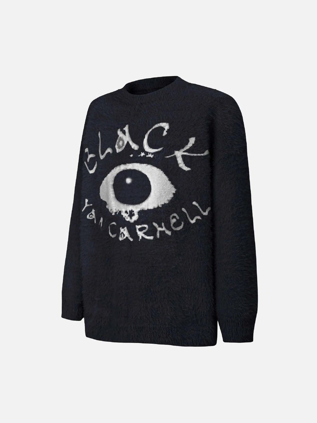 Black sweater with eye pattern by TALISHKO, capturing an edgy, artistic vibe.