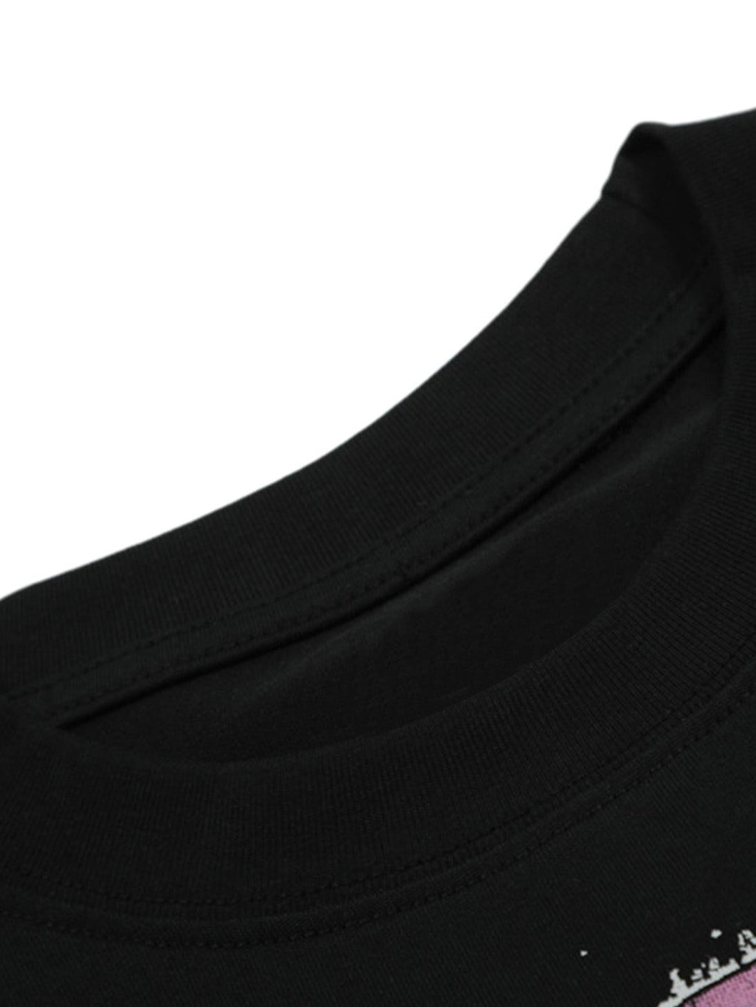 Intricate look at the neckline of a black graphic crew neck T-shirt by TALISHKO.