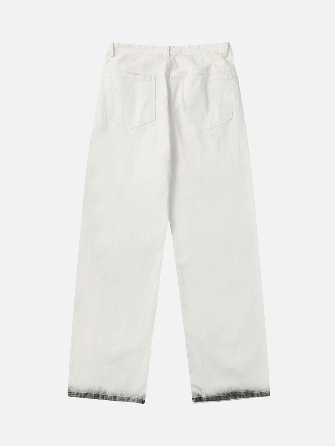 Back view of white jeans with a black stain effect by TALISHKO, offering a trendy look.