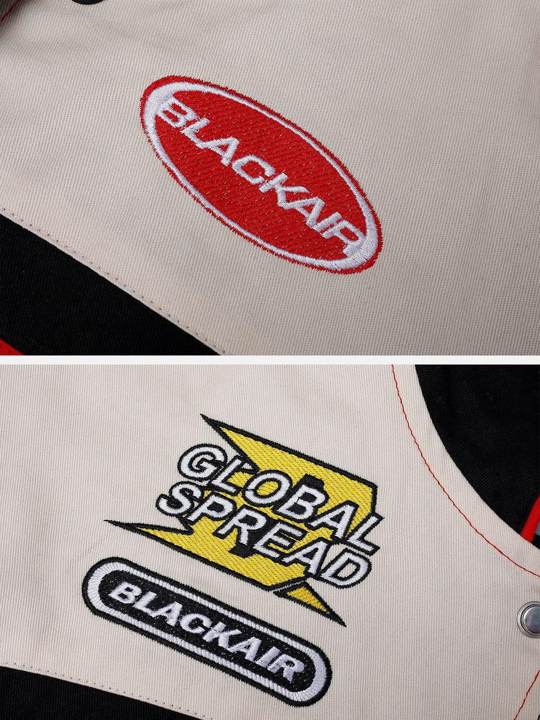 Intricate look at TALISHKO BLACKAIR Motosports Jacket embroidery, featuring bold logos and patches.